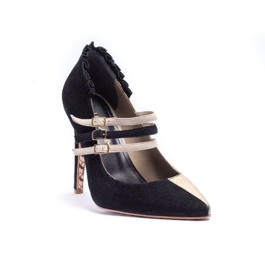 Scarpin Helena II - camurça preta e carmurça metalizada ouro