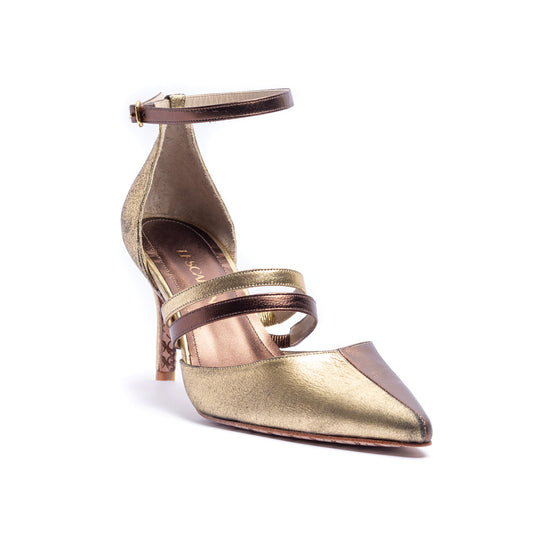 Scarpin Sonia II - Pelica metalizada marrone e camurça metalizada ouro velho