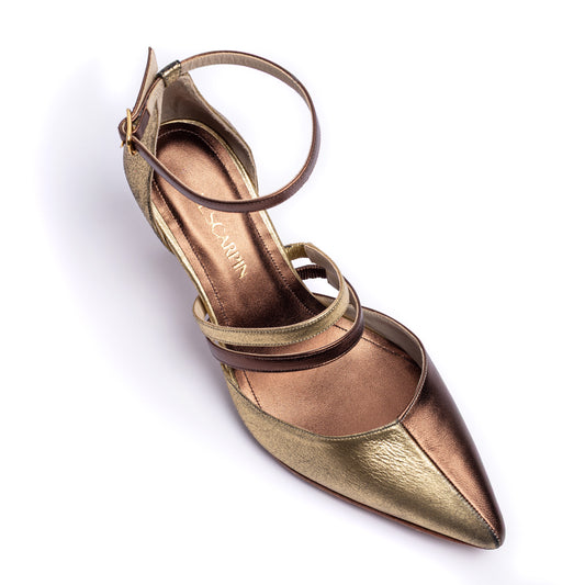 Scarpin Sonia II - Pelica metalizada marrone e camurça metalizada ouro velho