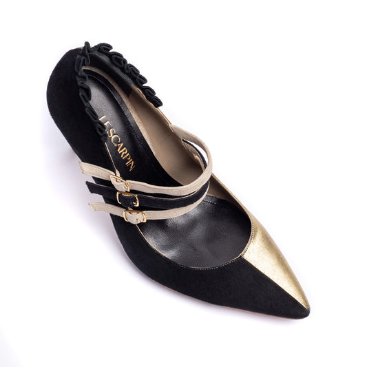 Scarpin Helena II - camurça preta e carmurça metalizada ouro