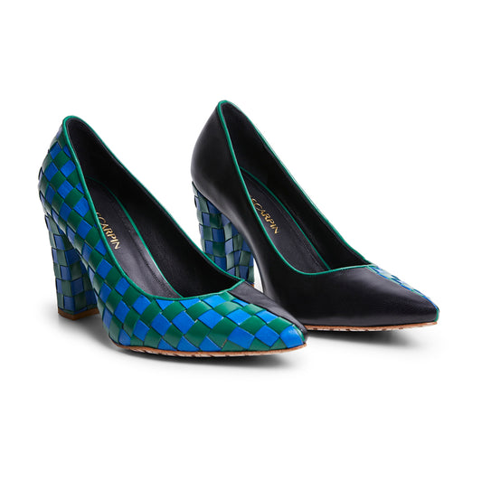 Scarpin xadrez verde e azul